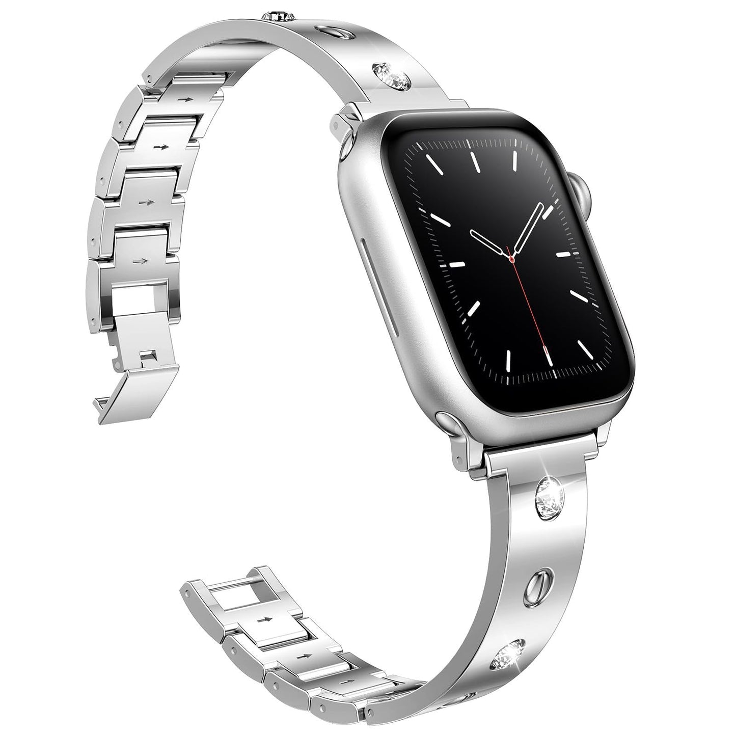 【送料無料】Apple Watch ブレスレット ダイヤモンド入りメタルバックル/華やかさと快適フィット/316Lステンレス/ダイヤ風クリスタル/カラー シルバー/対応機種 Apple Watch専用/サイズ 調整可 ユニセックス【ギフト】