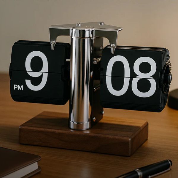 Reloj Flip de Nogal Retro Premium: La Elegancia Atemporal para Tu Escritorio